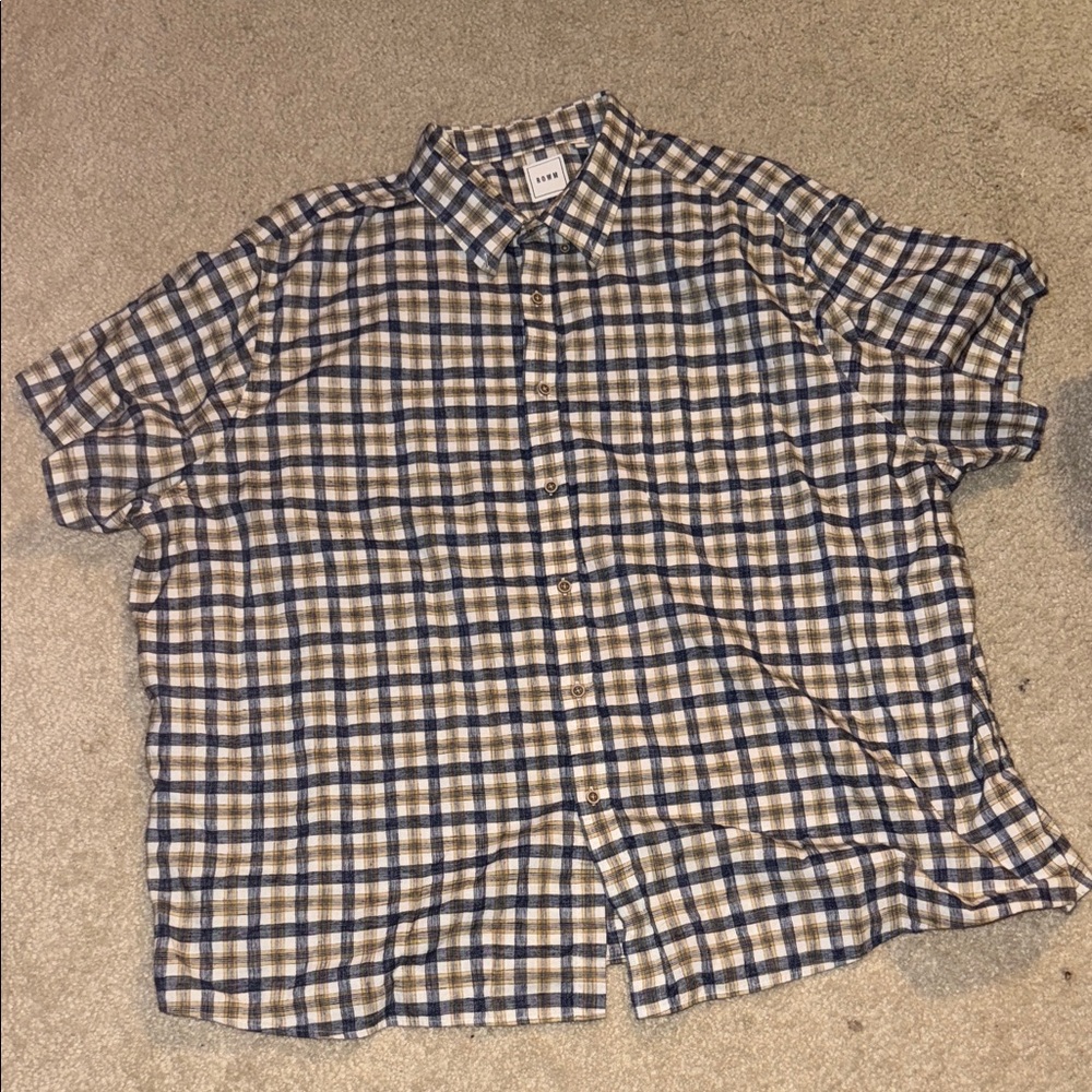 Men's Plaid Button-Down Shirt in Blue and Tan